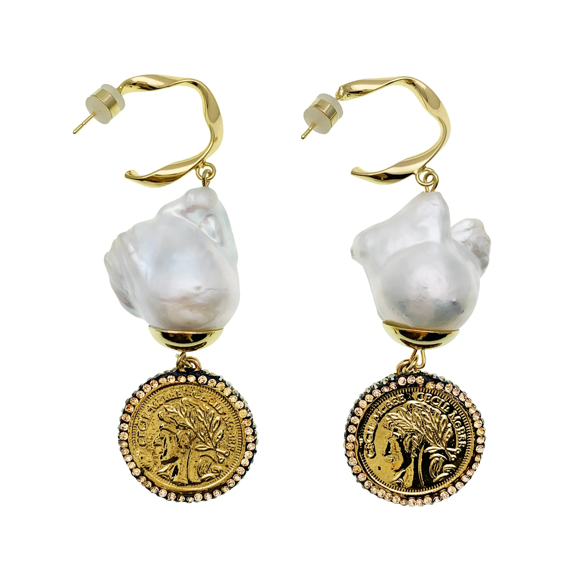 Baroque Pearl With Coin Charm Dangle Earrings EE024