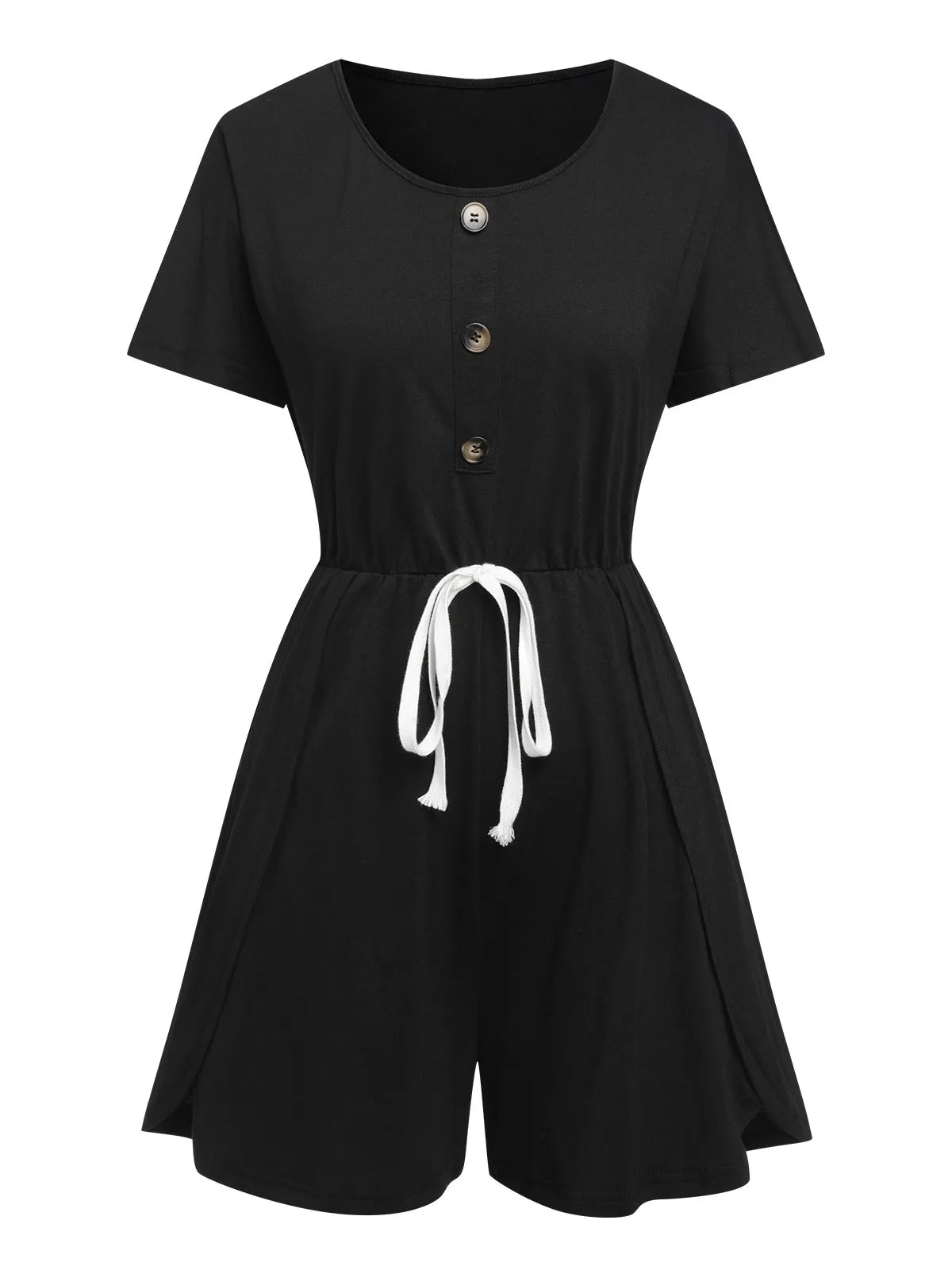 Black 1960s Solid Drawstring Waist Romper