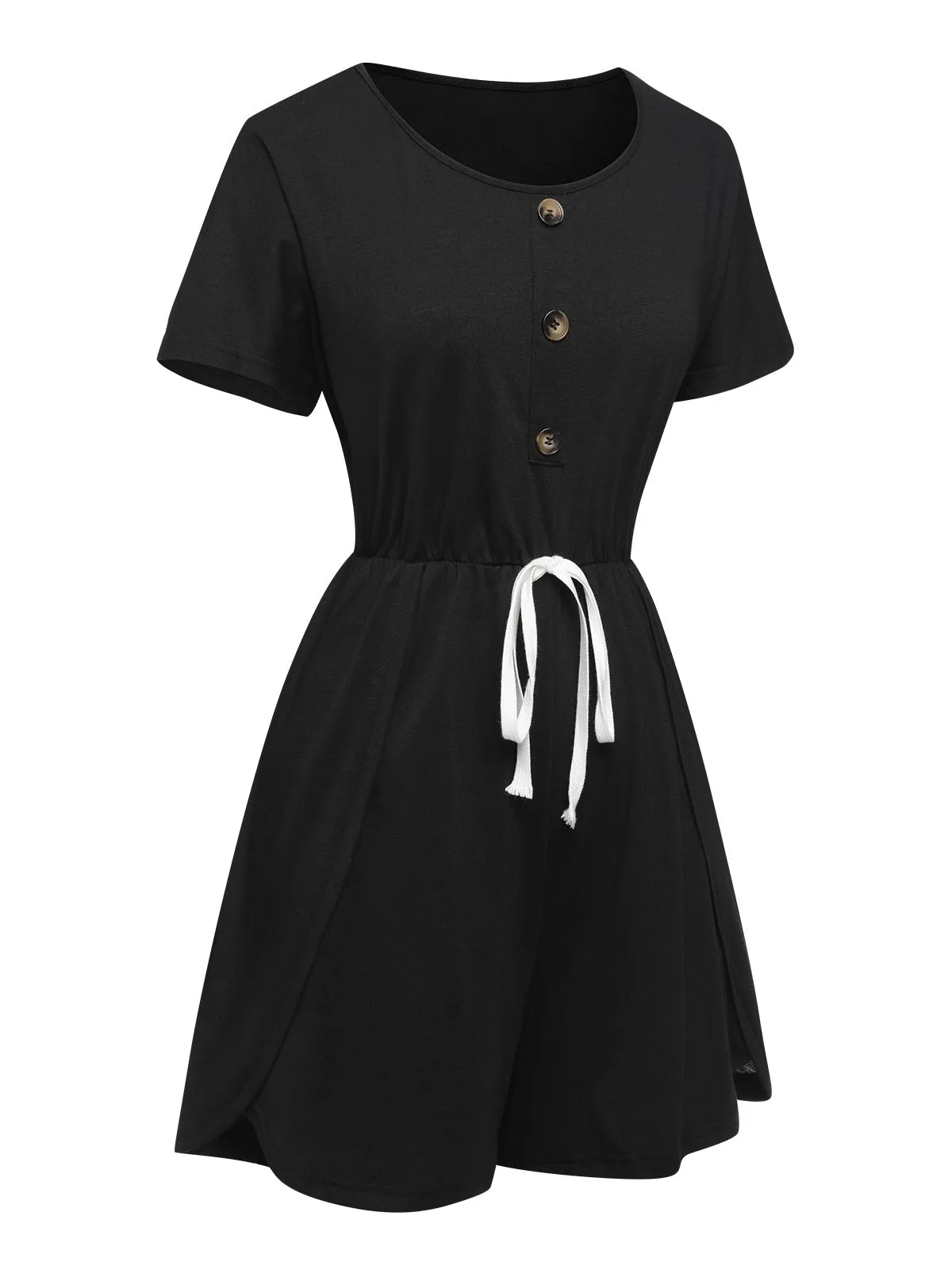 Black 1960s Solid Drawstring Waist Romper