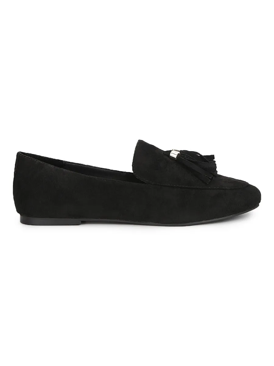 Black Micro Loafer Shoes With Tassle