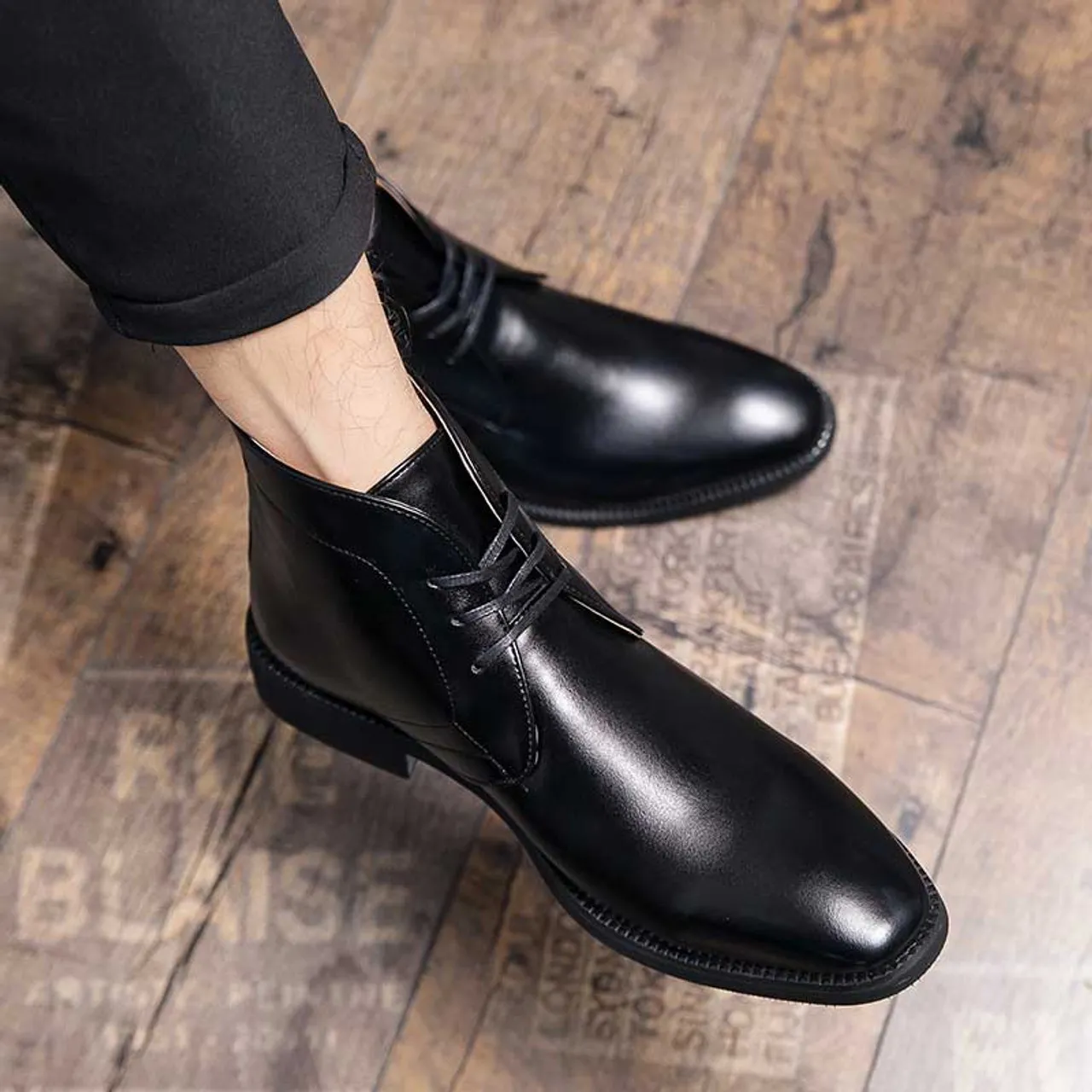 Black plain casual lace up shoe boot