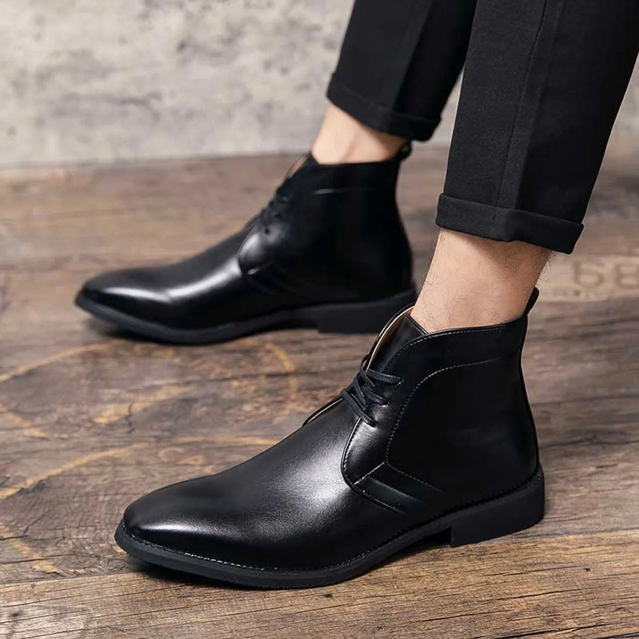 Black plain casual lace up shoe boot