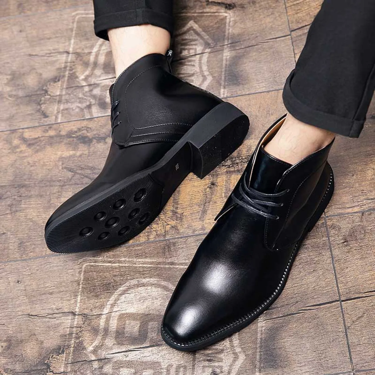 Black plain casual lace up shoe boot