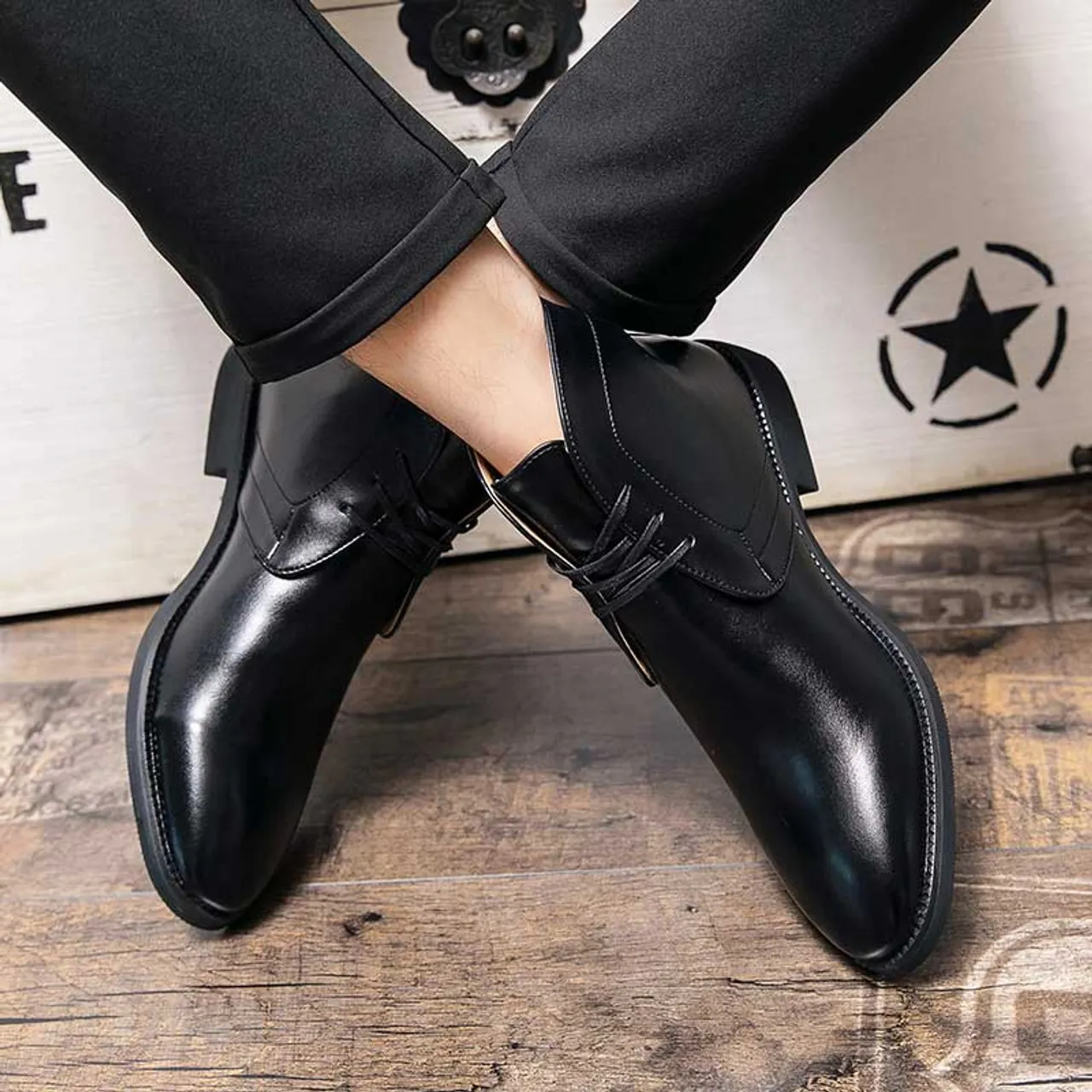 Black plain casual lace up shoe boot