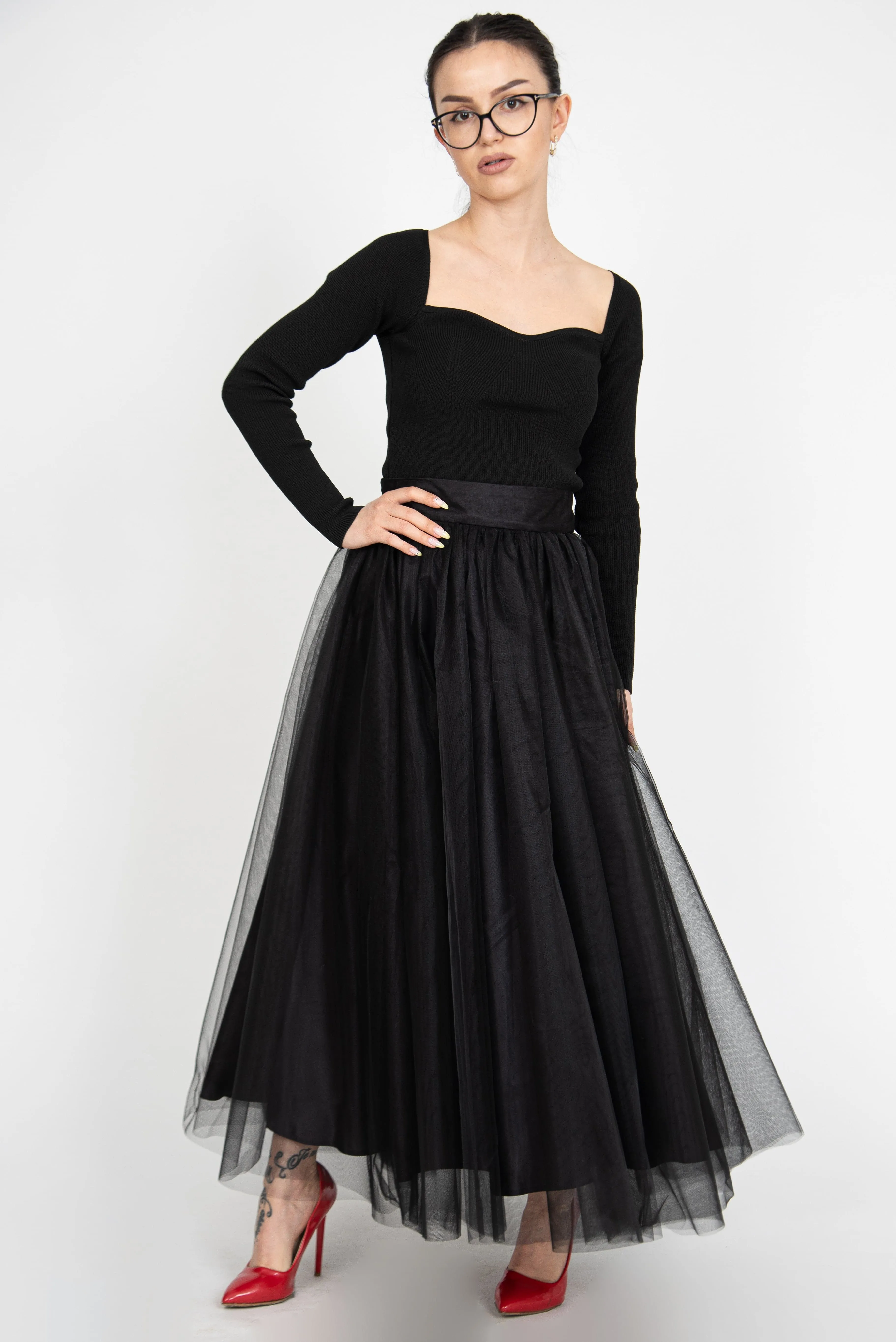 Black tulle maxi skirt