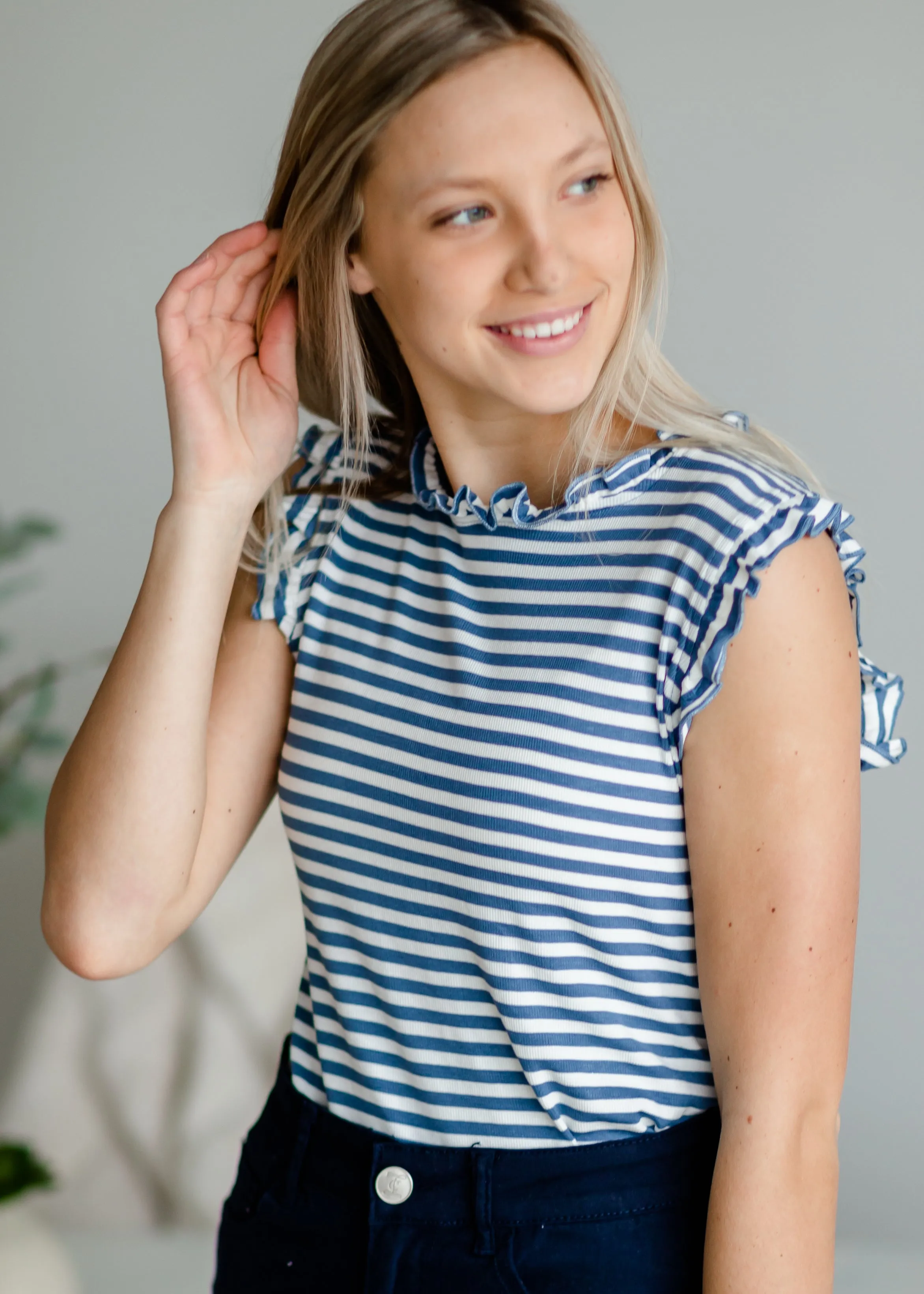 Blue Ruffle Neck Striped Tank