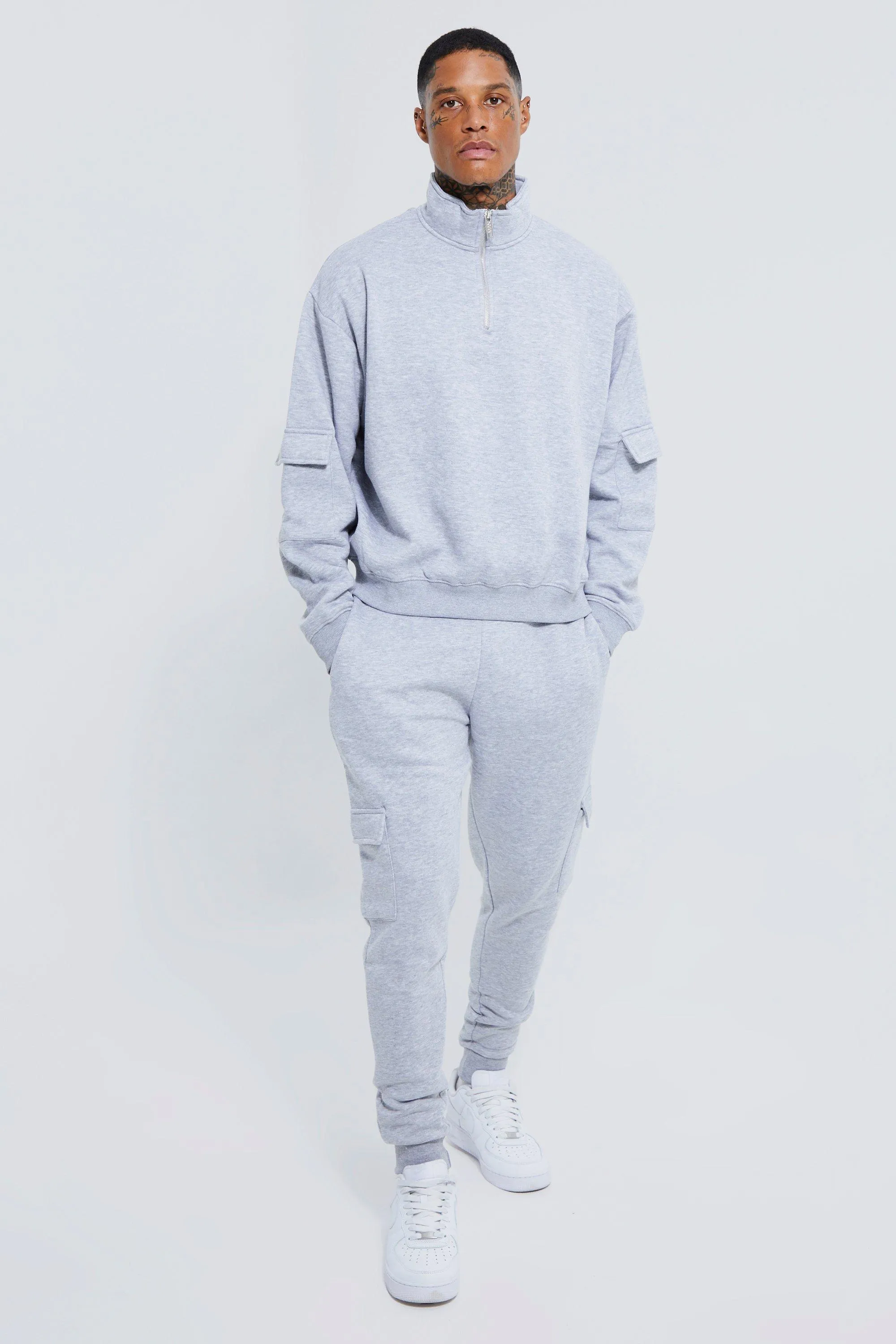 Boxy Fit Cargo Funnel Neck Tracksuit | boohooMAN UK