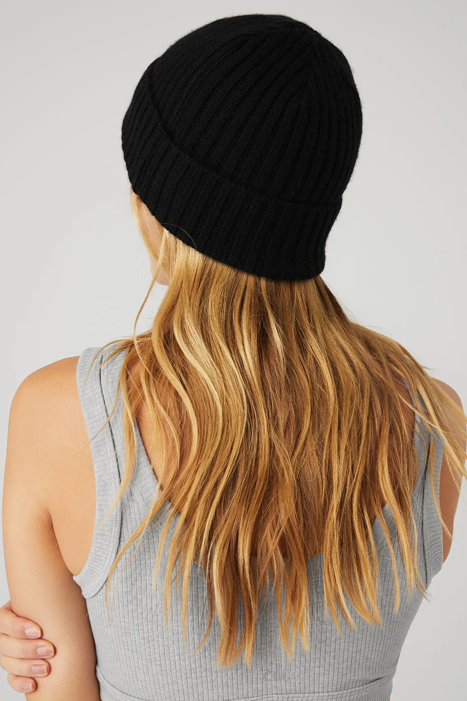 Cashmere Blend Rib Beanie - Black