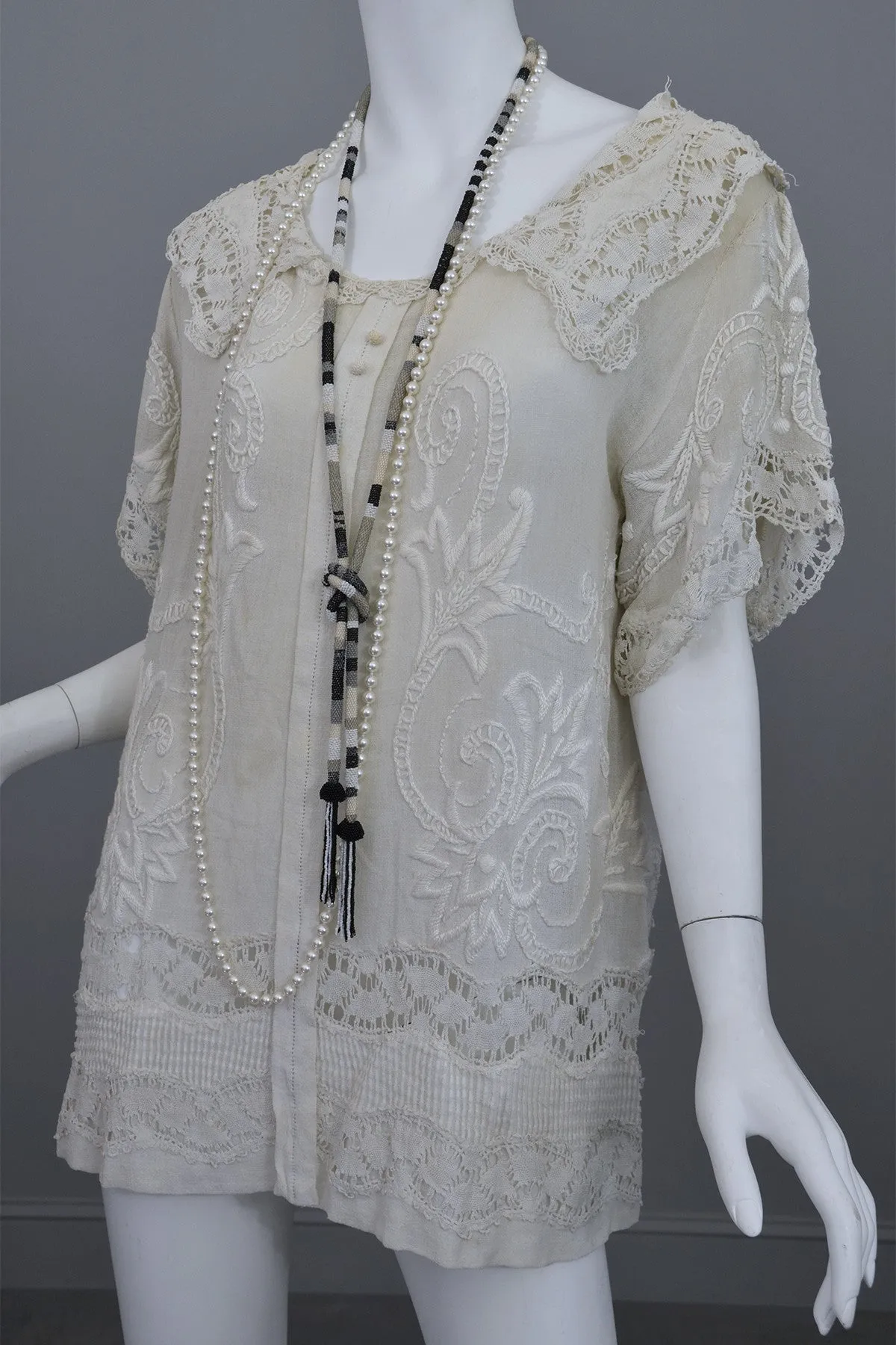 Deco 20s Embroidered Gauze Tunic Lace Top