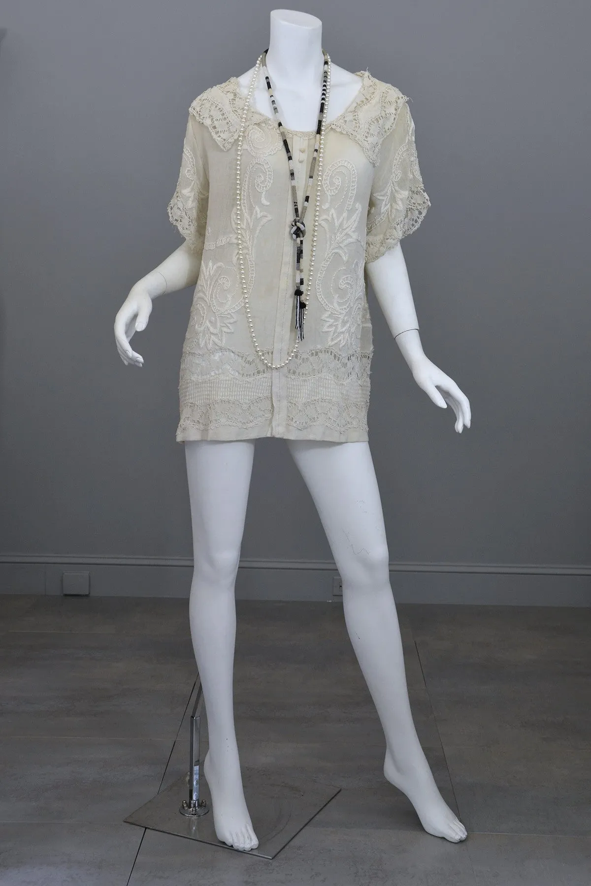 Deco 20s Embroidered Gauze Tunic Lace Top