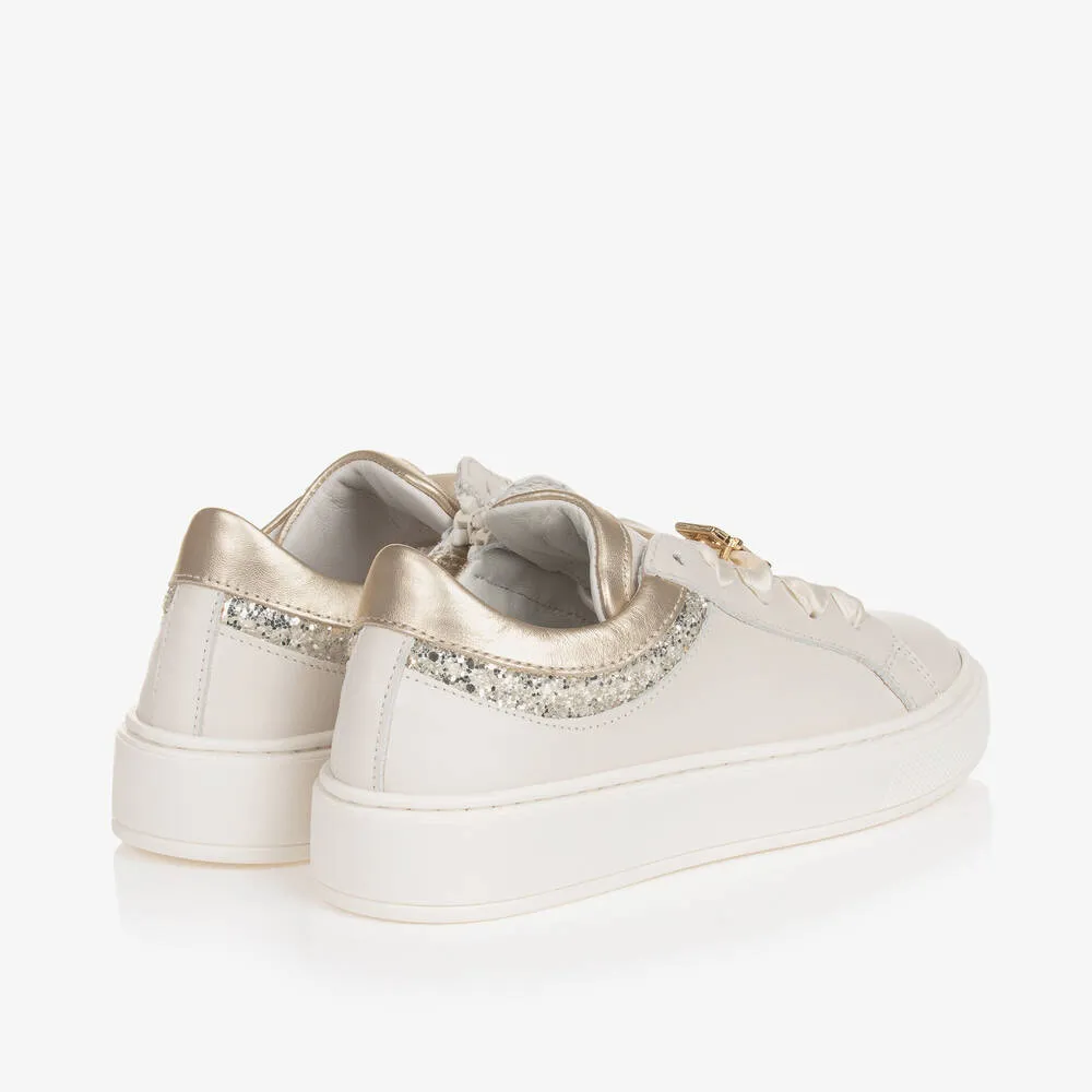 Girls Ivory & Gold Leather Trainers