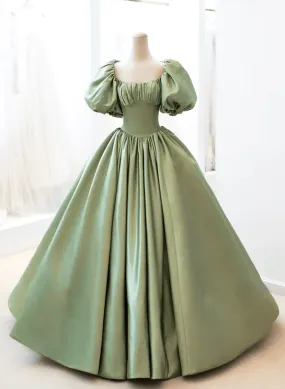 Green Satin A-line Beaded Long Party Dress, Green Evening Dress Prom Dress