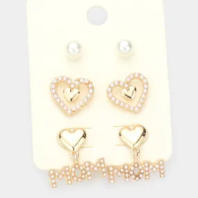 iLLASPARKZ 3Pairs - Pearl Embellished Heart MOM Earrings