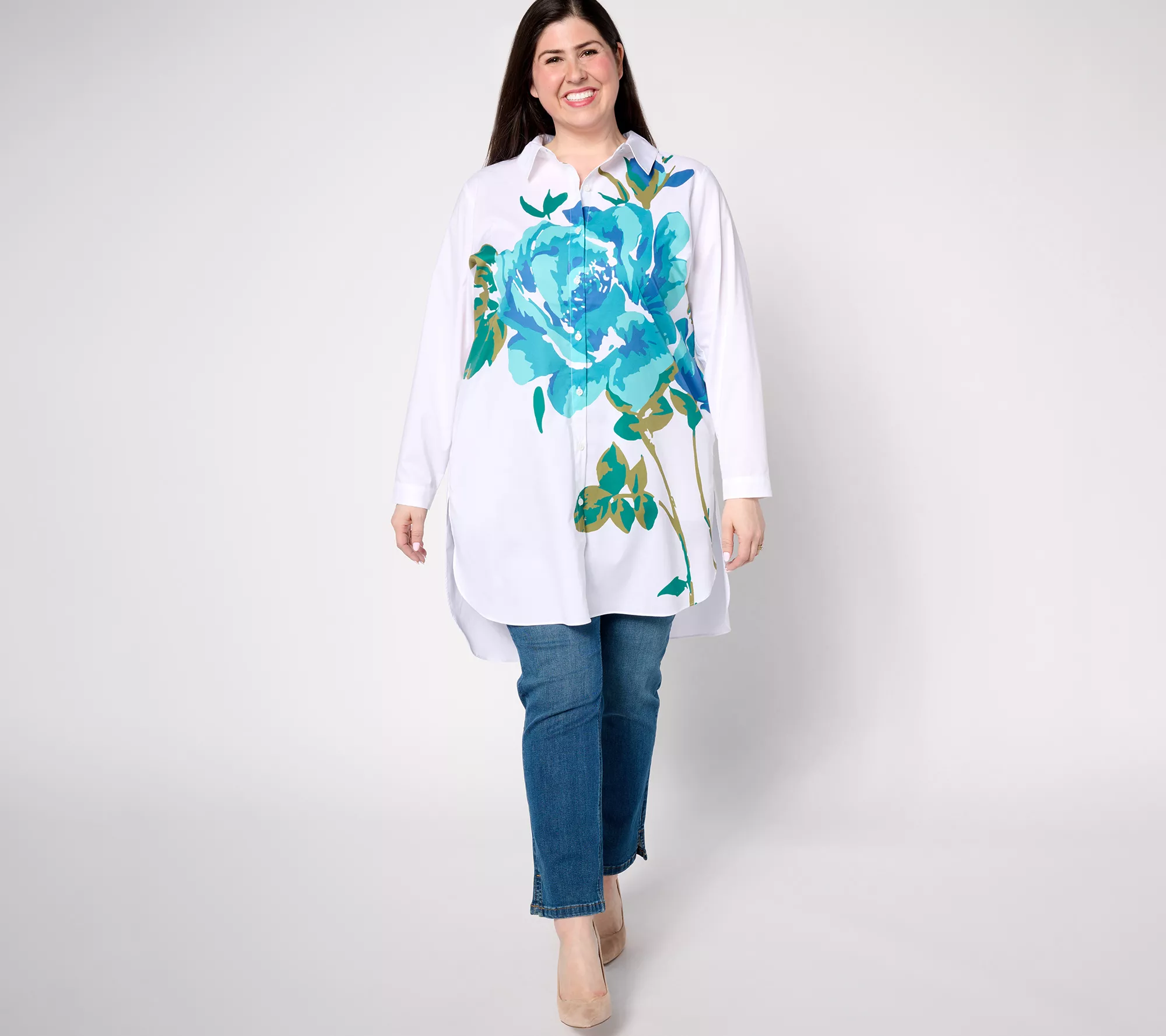 Isaac Mizrahi Live! Petite Placement Floral Print Poplin Tunic