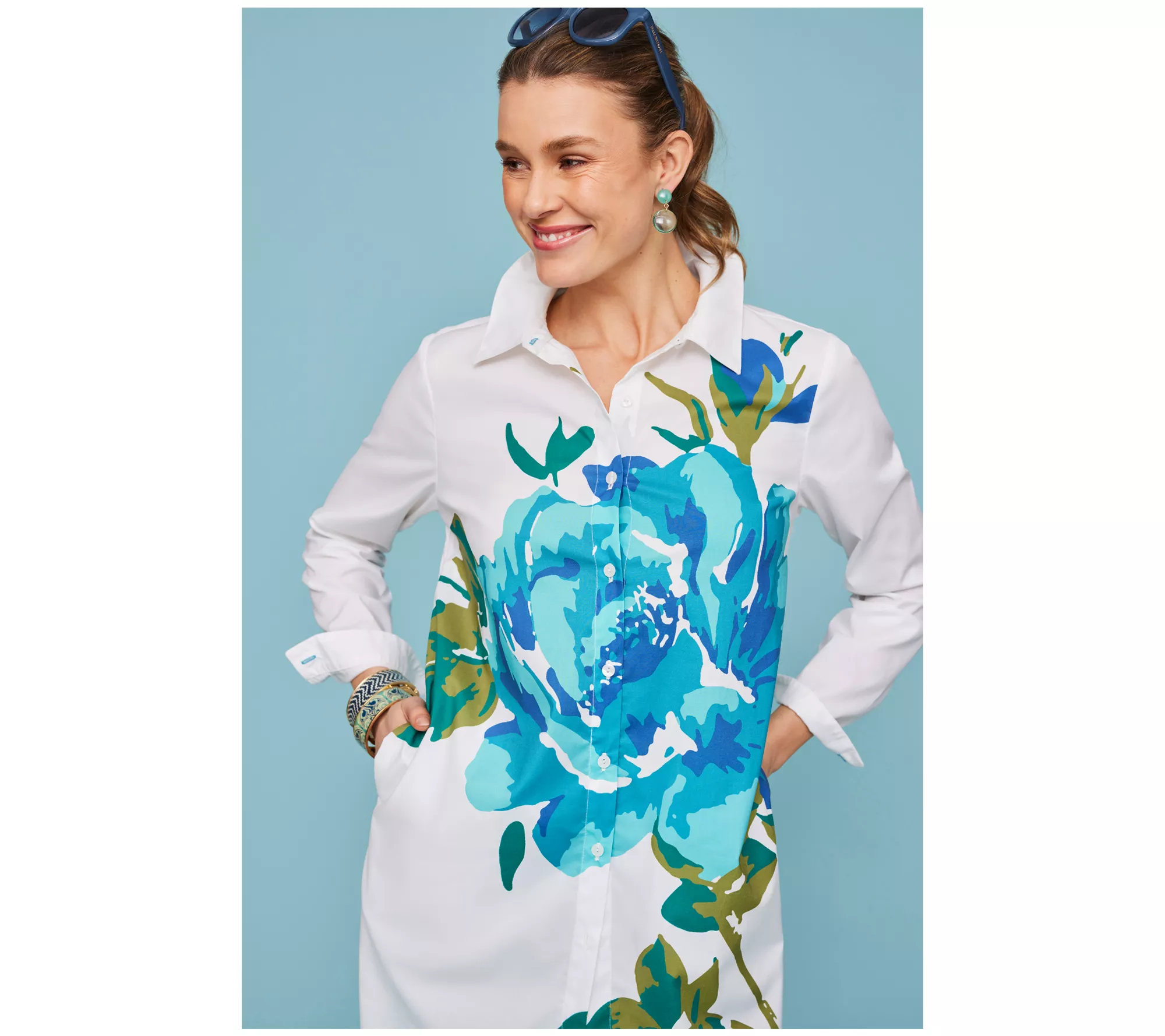 Isaac Mizrahi Live! Petite Placement Floral Print Poplin Tunic