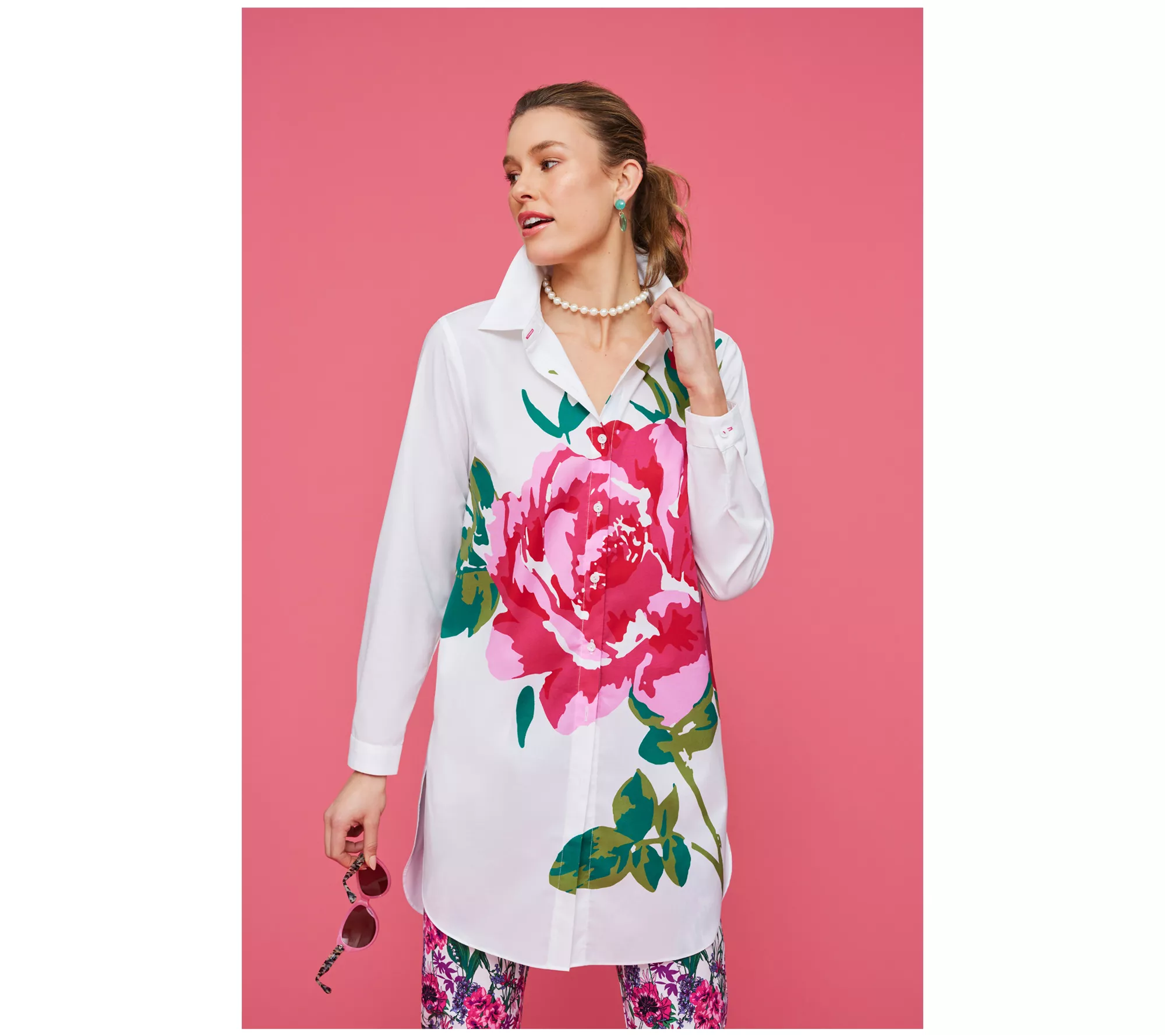 Isaac Mizrahi Live! Petite Placement Floral Print Poplin Tunic