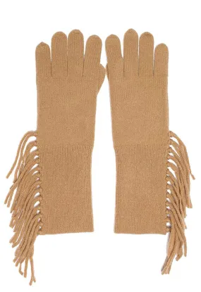 Minnie Rose Cashmere Fringe Trim Gloves in Caramel