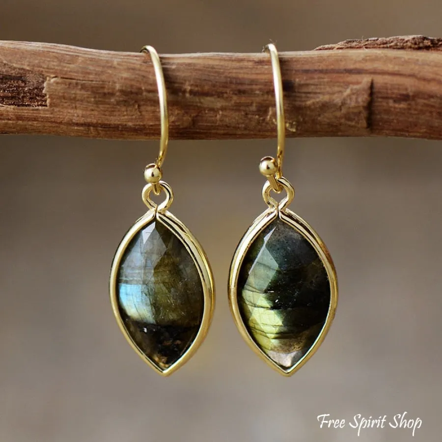 Natural Labradorite Leaf Shape Drop Earrings