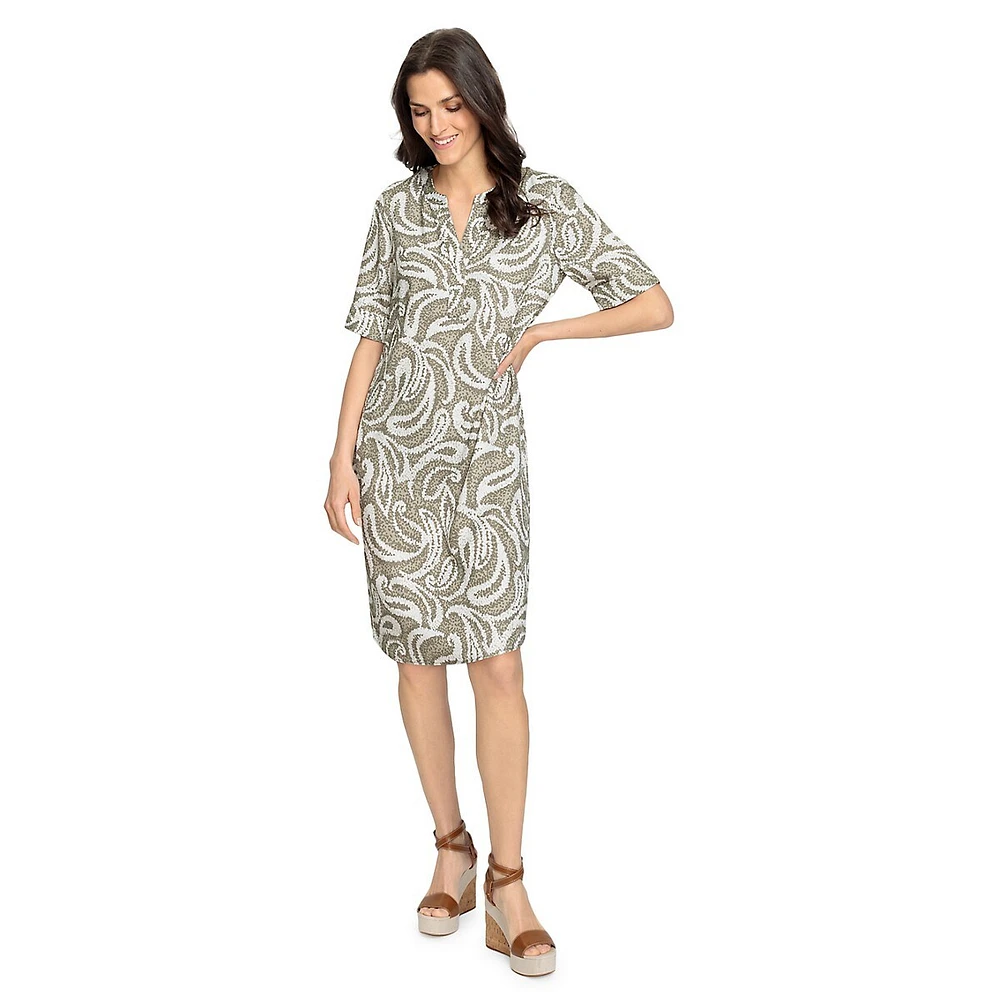 Olsen Digitized Paisley-Print Tunic-Neck Midi Dress