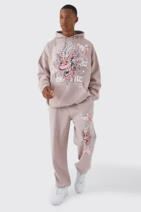 Oversized Blossom Dragon Hooded Tracksuit | boohooMAN UK