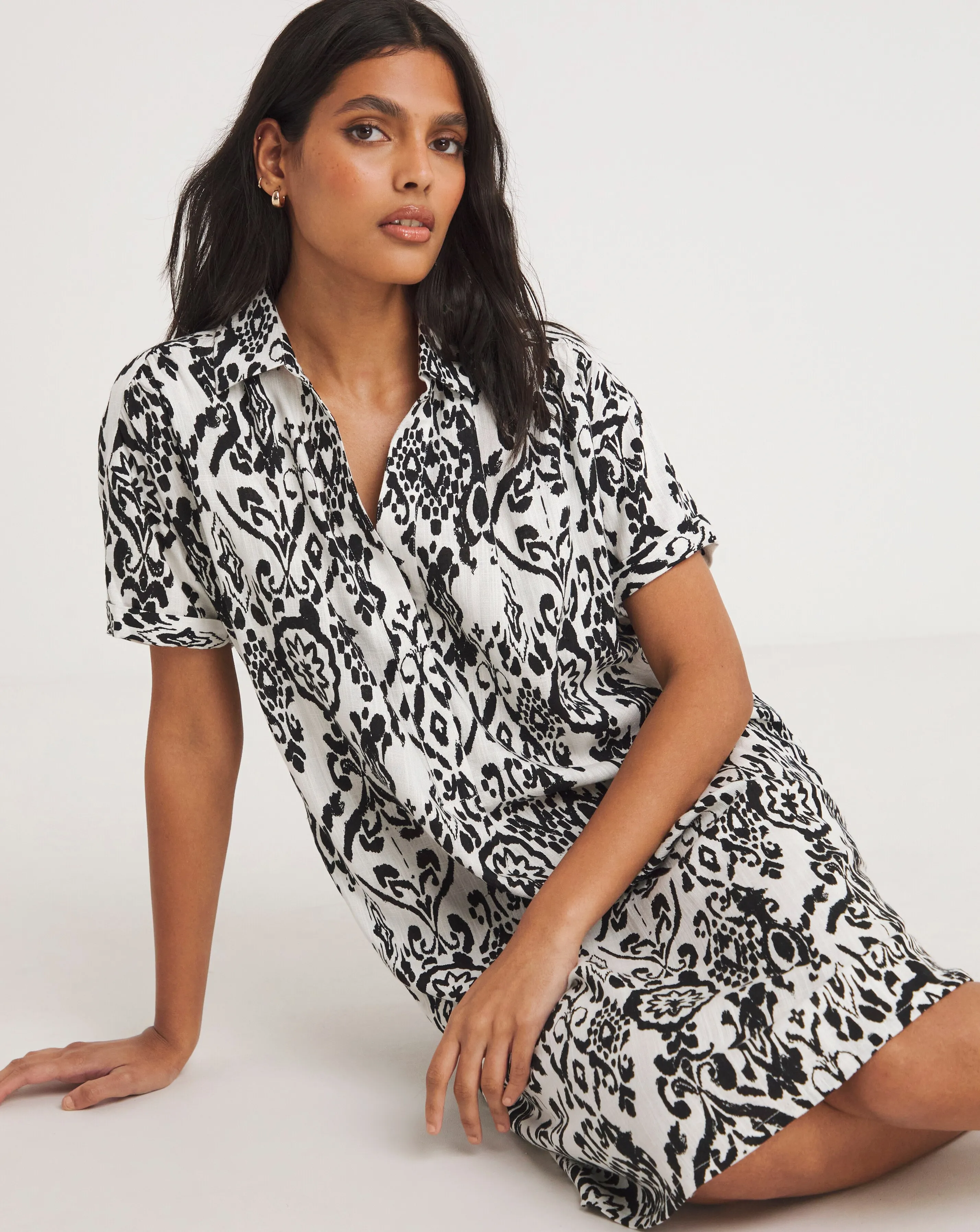 Printed Linen Short Sleeve Tunic Dress