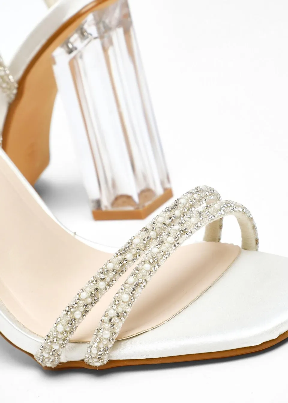 Quiz White Bridal Diamante Pearl Clear Heeled Sandals