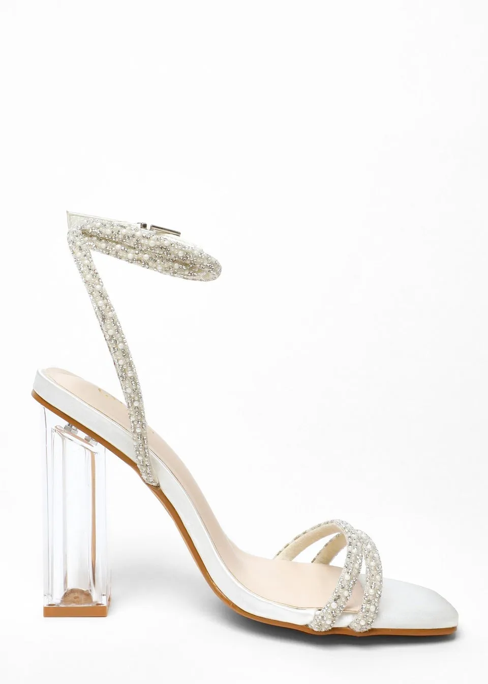 Quiz White Bridal Diamante Pearl Clear Heeled Sandals