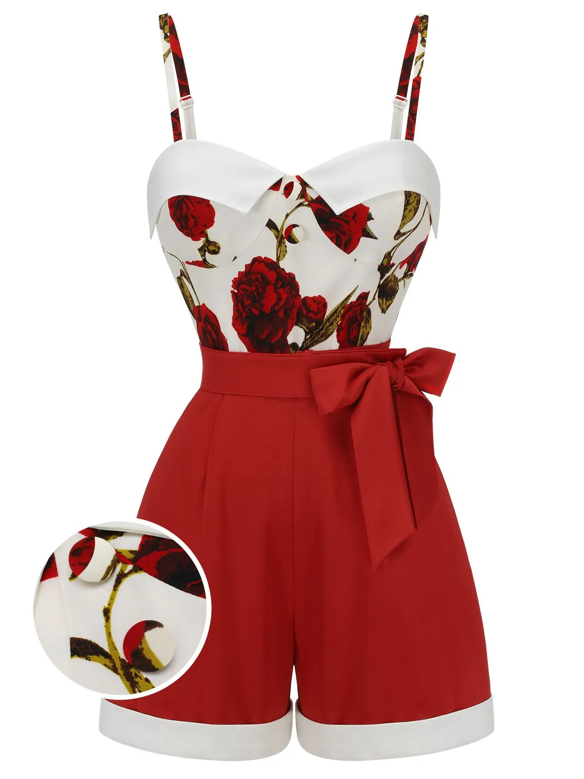 Red 1950s Floral Strap Patchwork Romper