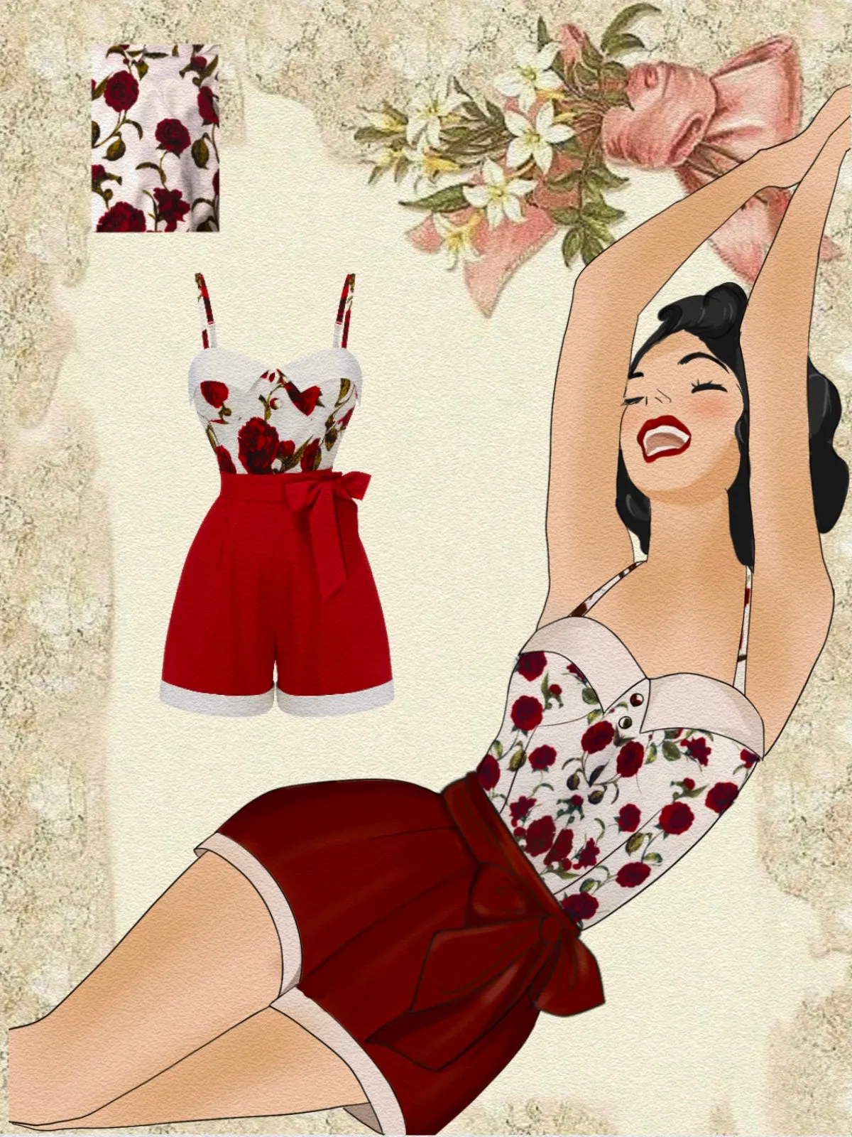 Red 1950s Floral Strap Patchwork Romper