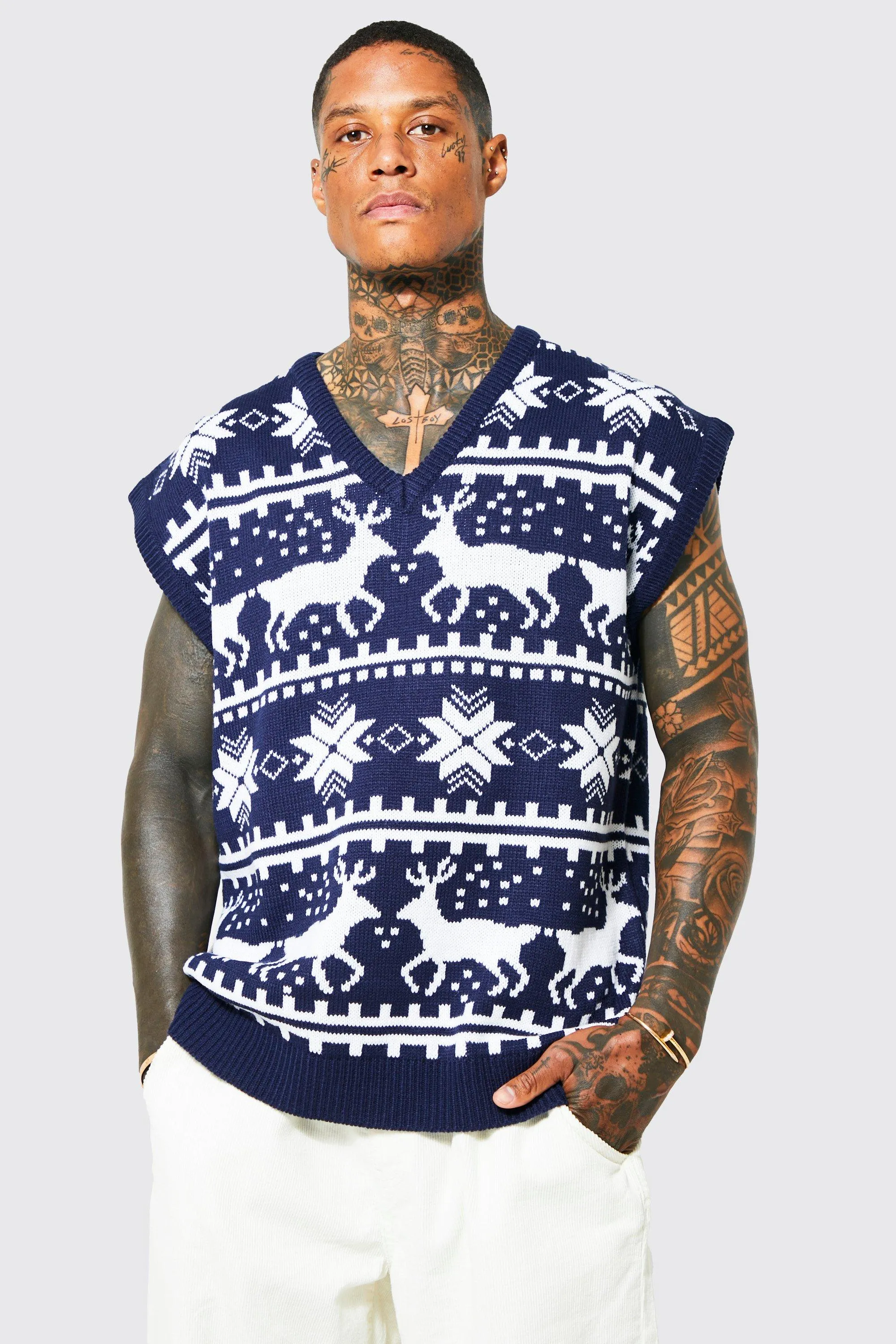 Reindeer Fairisle Christmas V-Neck Vest | boohooMAN UK