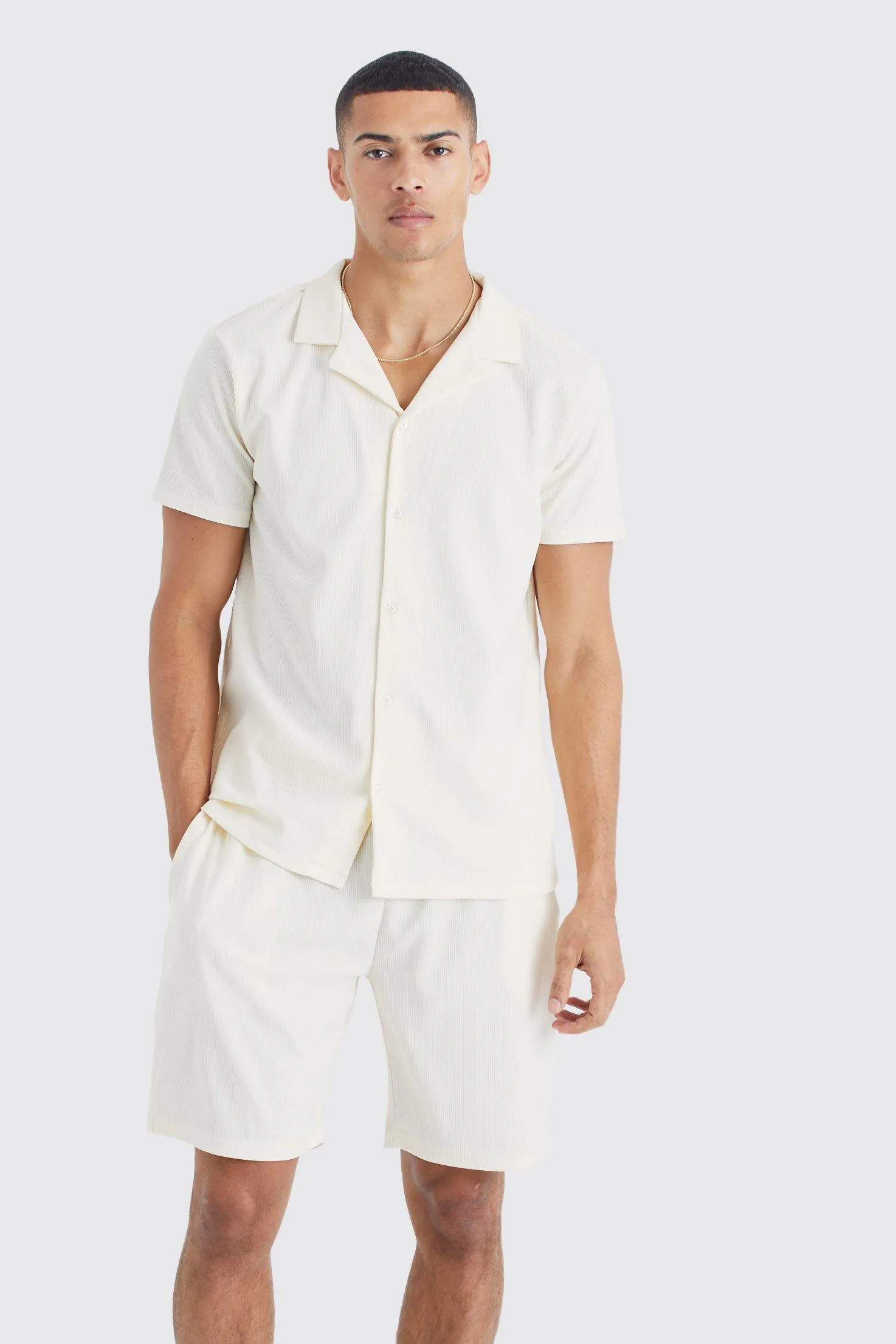 Short Sleeve Ribbed Shirt And Short Set | boohooMAN UK