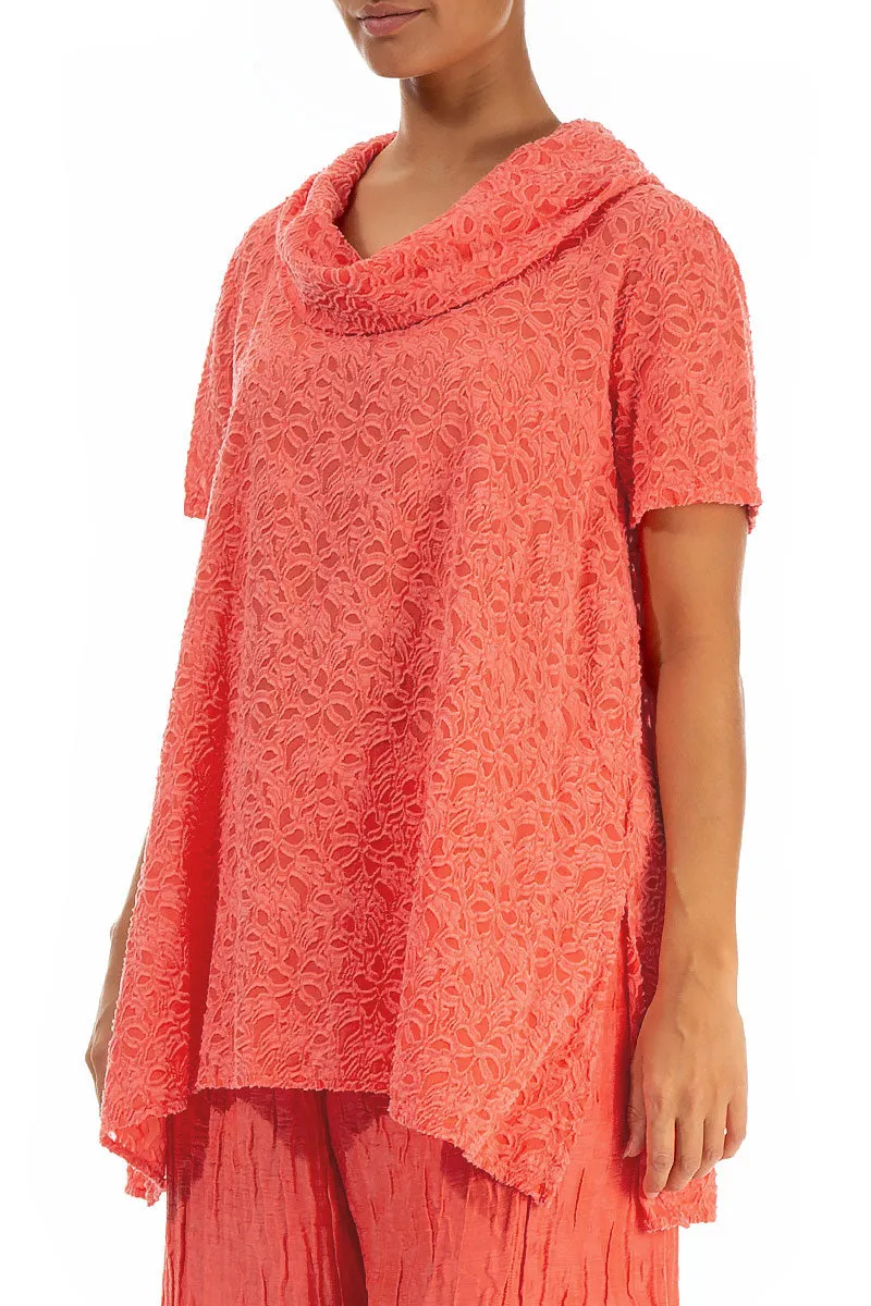 Short Sleeves Floral Living Coral Silk Tunic