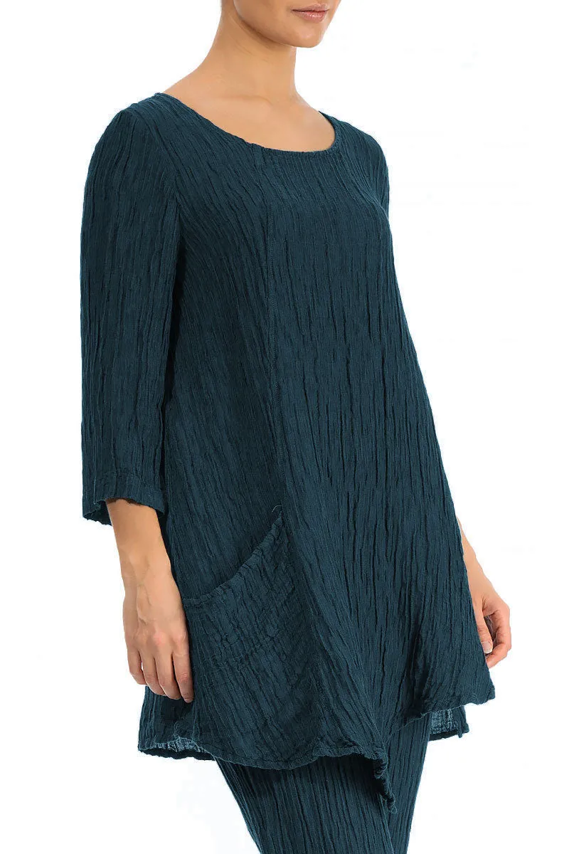 Side Pocket Crinkled Dark Teal Silk Tunic