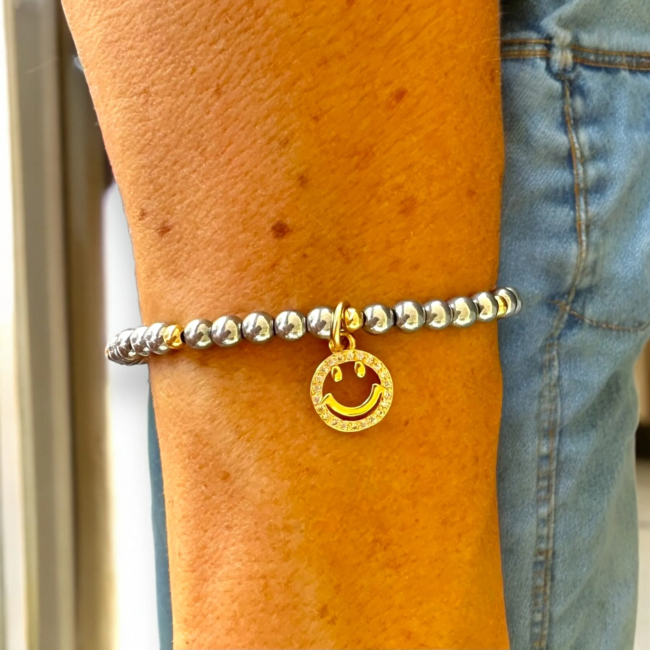 Smiley Charm 4mm Hematite Stone Bracelet