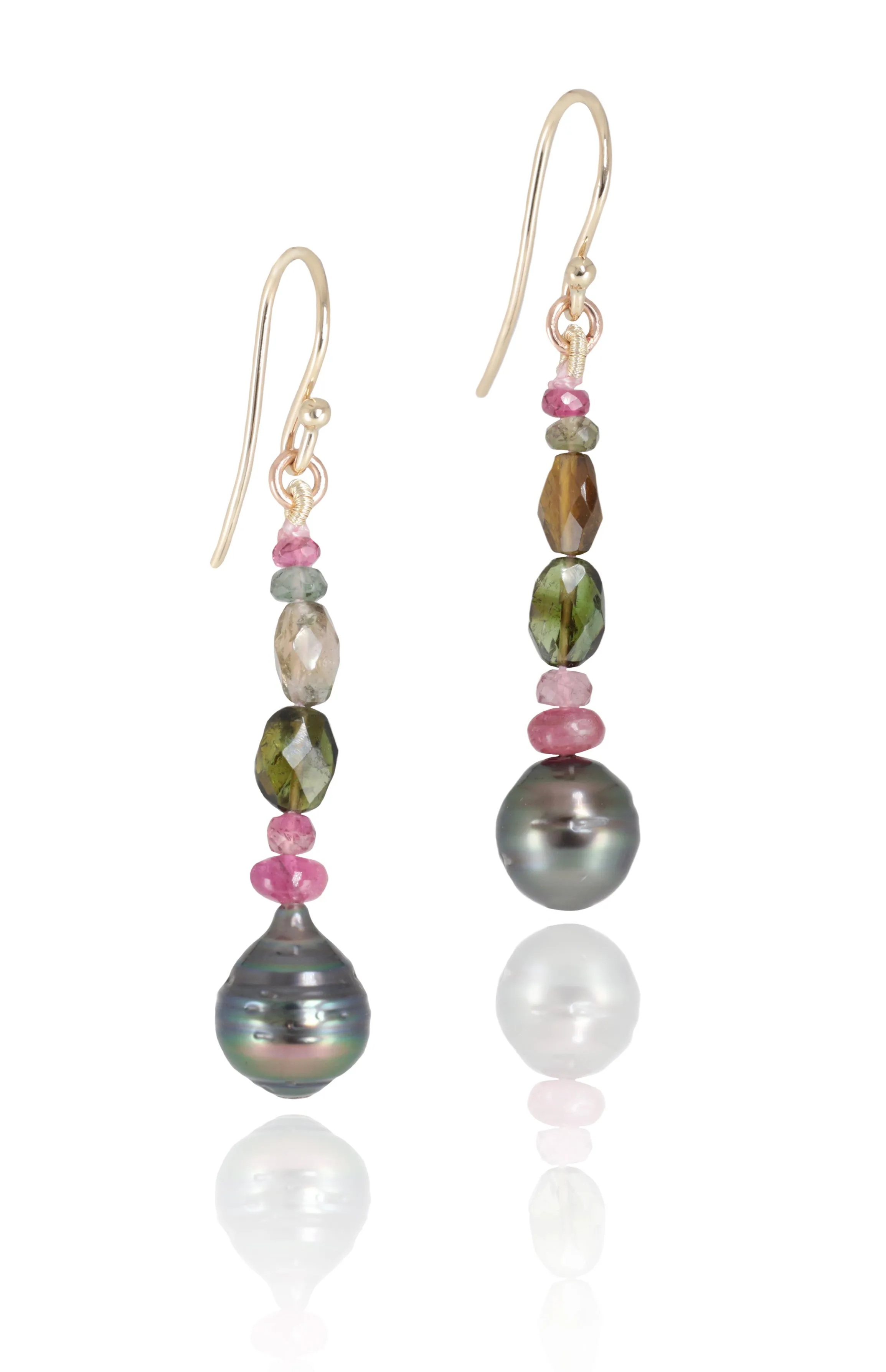 Tahitian Pearl, Tourmaline and 9K Yellow Gold Earrings