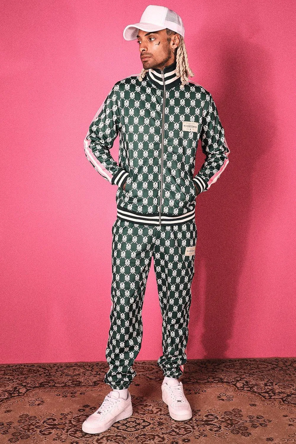 Tricot Funnel Neck All Over Print Tracksuit | boohooMAN UK