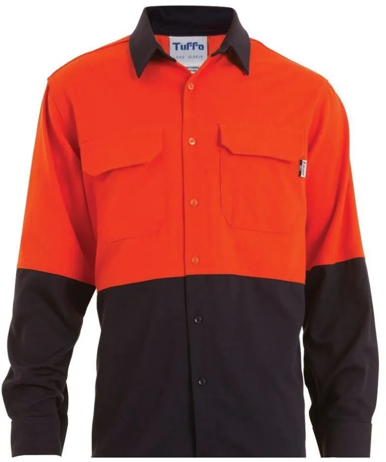 Tuffa Workwear Open Front Shirt - Long Sleeve - Flame-Resistant - HRC 2 - Midweight Westex - Navy/Orange - Small - SHT0500 - Tuf