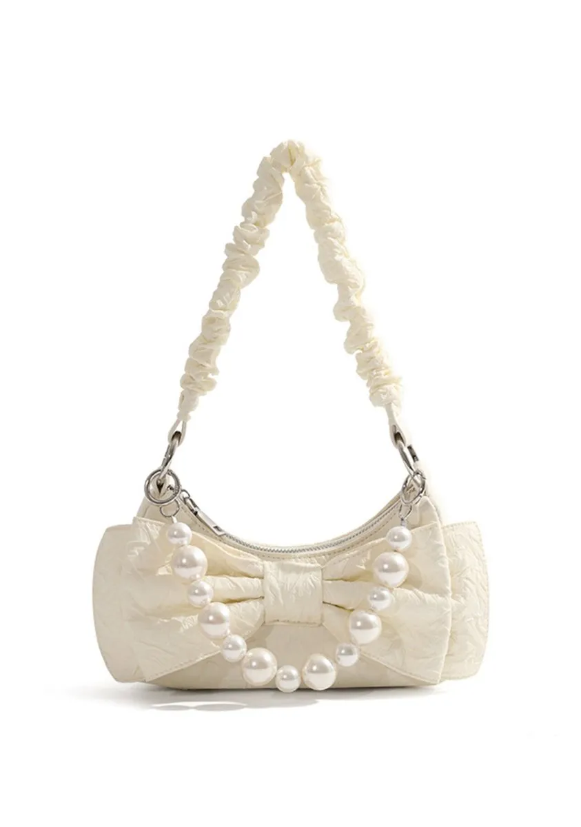 White Bow&Pearl Baguette Bag