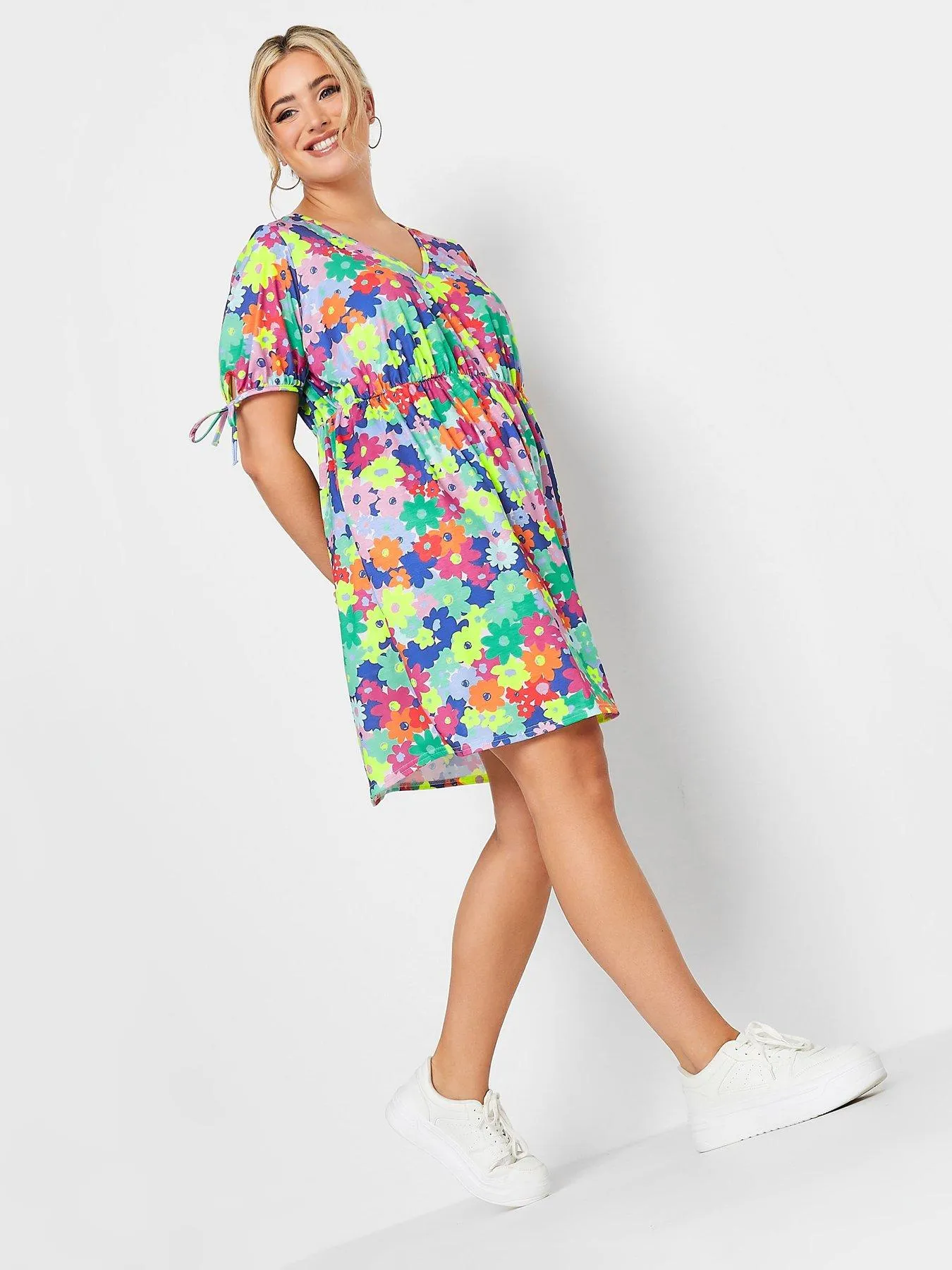 Yours Tie Sleeve Tunic Dress Colourful Ditsy